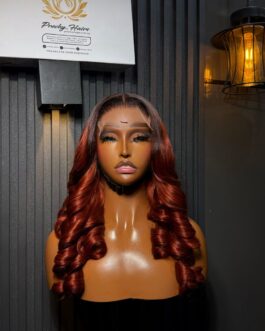SDD Chinese Bounce Transparent 5×5 Closure Wig – 20” (Dark Root Burnt Orange)